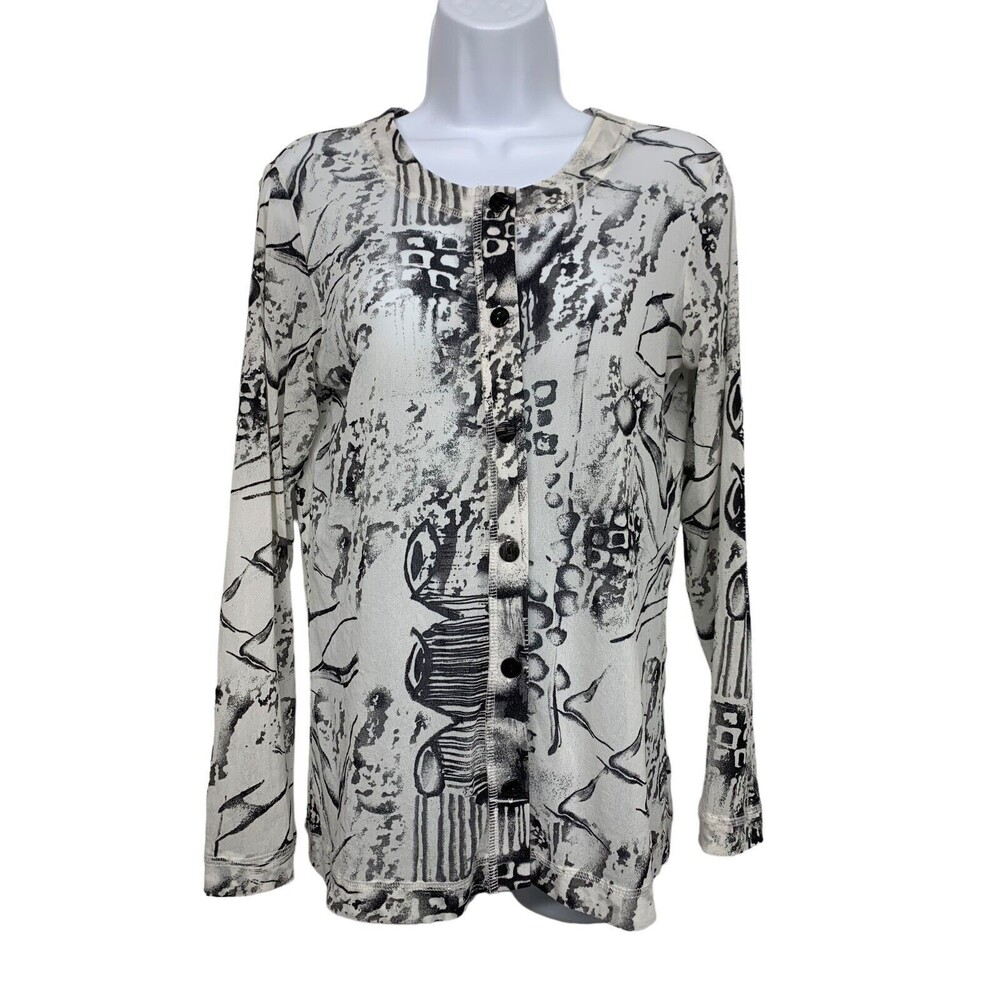 Chico's Women's size 1 Black & White Nylon Stretch Sheer Button Up Cardigan Top